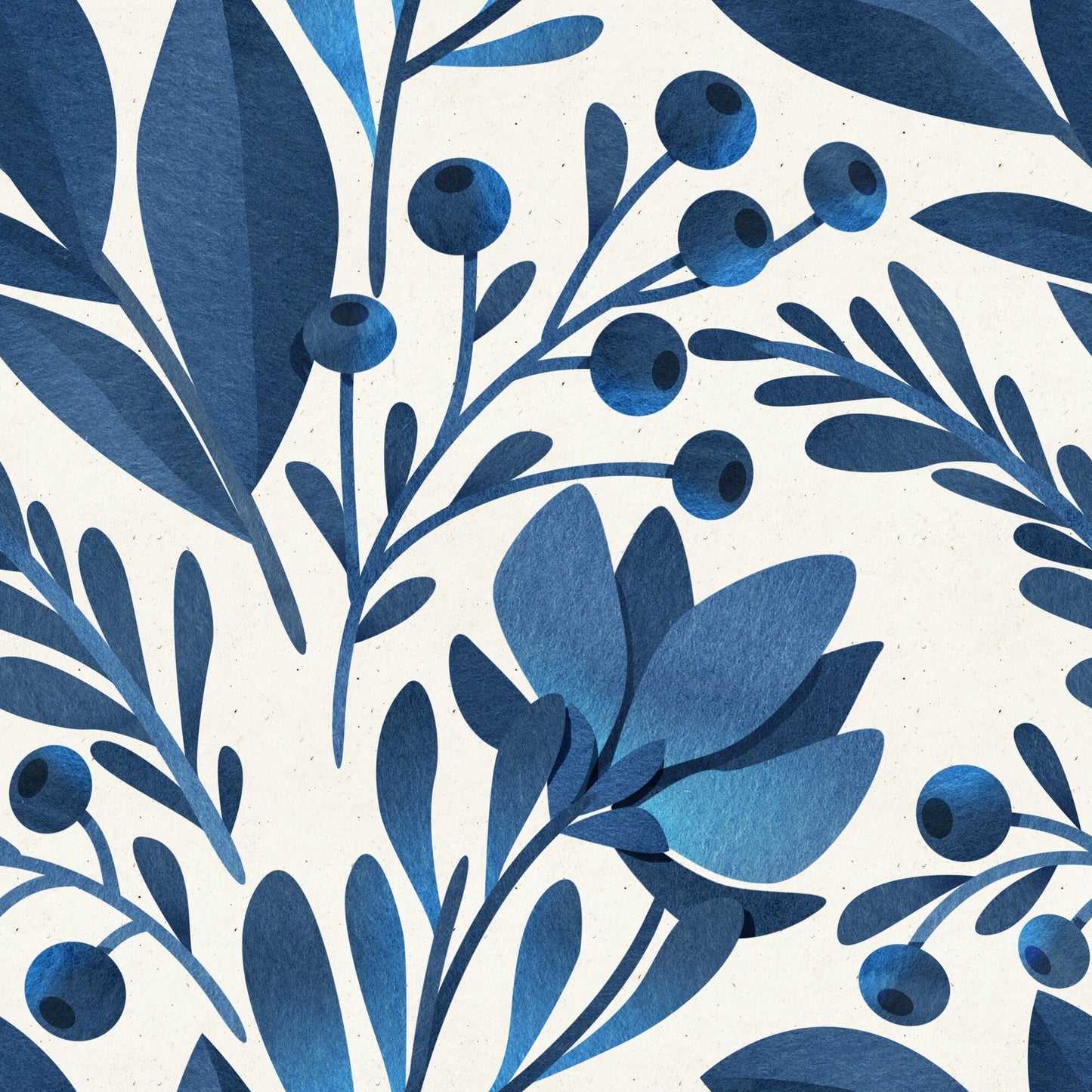 Navy Blue Flowers and Leaves Wallpaper