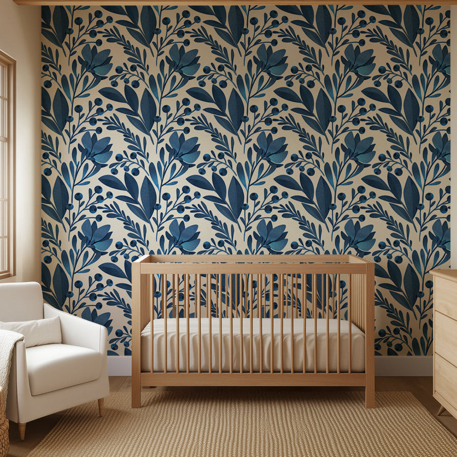 Navy Blue Flowers and Leaves Wallpaper