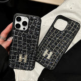 H Gold & Silver Diamond Black Leather iPhone Case